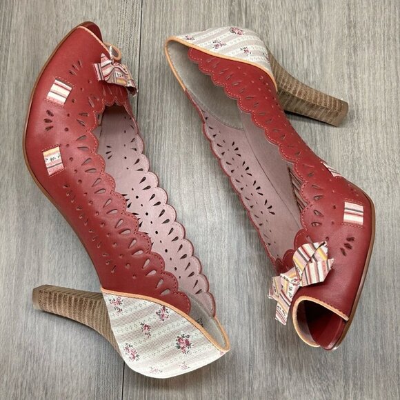 Kenzie Shoes Womens 9M Harvest Laser-Cut Peep Toe High Heel Pumps Leather Red - Picture 9 of 12